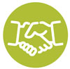 Green and white icon of people shaking hands