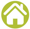 Green and white icon of a simple house