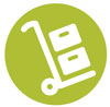 Green and white icon of a moving dolly with boxes